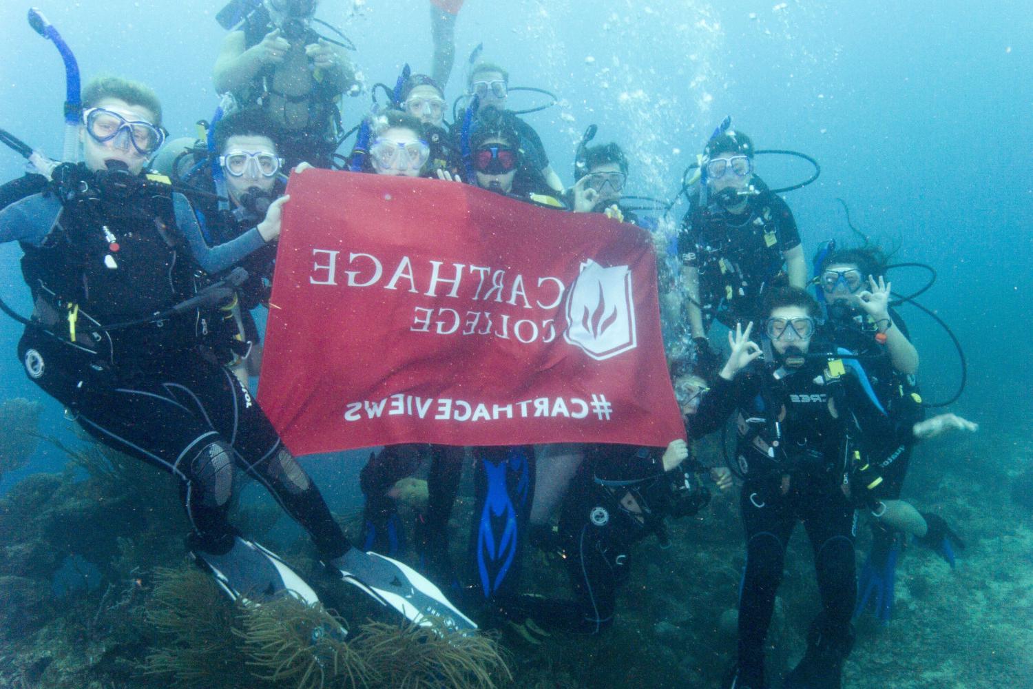 学生们手持<a href='http://gwv.hbwendu.org'>博彩网址大全</a>旗帜，在j学期洪都拉斯游学之旅中潜水.